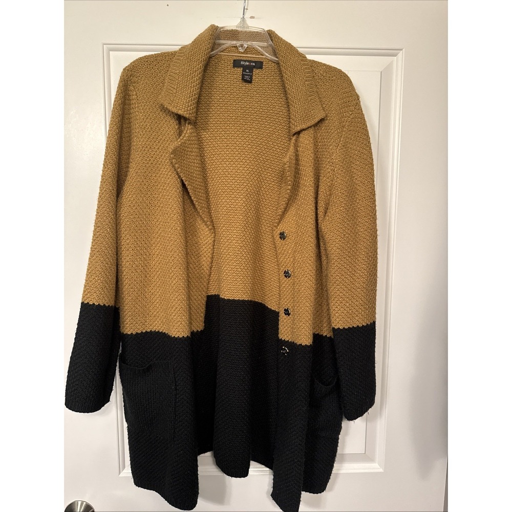 Style & Co Cardigan Long Color Block Gold/Black Snap Closure Women's‎ XL Pockets